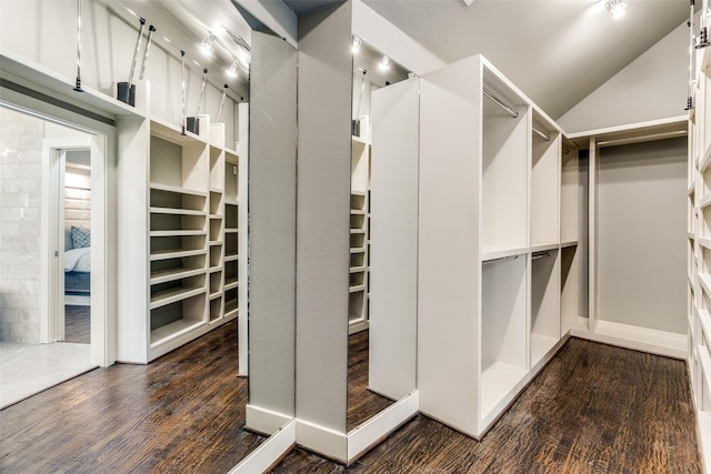 walk in closet featuring dark wood-type flooring and lofted ceiling