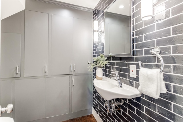 bathroom featuring crown molding, a sink, and wood finished floors