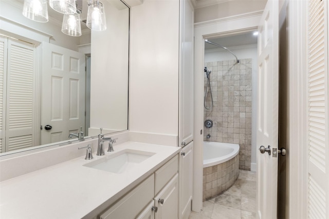 bathroom with tile patterned floors, tub / shower combination, a closet, and vanity