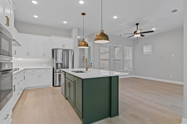 kitchen with stainless steel appliances, a sink, visible vents, white cabinetry, and green cabinets