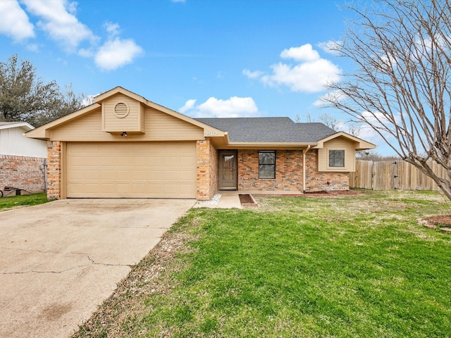 ranch-style house featuring brick siding, concrete driveway, a front yard, fence, and a garage