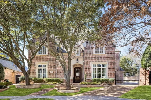 view of front of home with brick siding and a gate