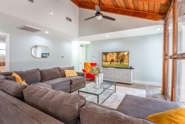 living area with wood ceiling, visible vents, and vaulted ceiling with beams