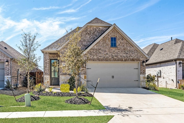 french country home with a garage, concrete driveway, stone siding, a front lawn, and brick siding