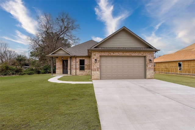 single story home with concrete driveway, roof with shingles, an attached garage, a front yard, and brick siding