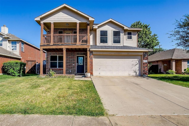 view of front of house featuring a balcony, an attached garage, a front lawn, concrete driveway, and brick siding