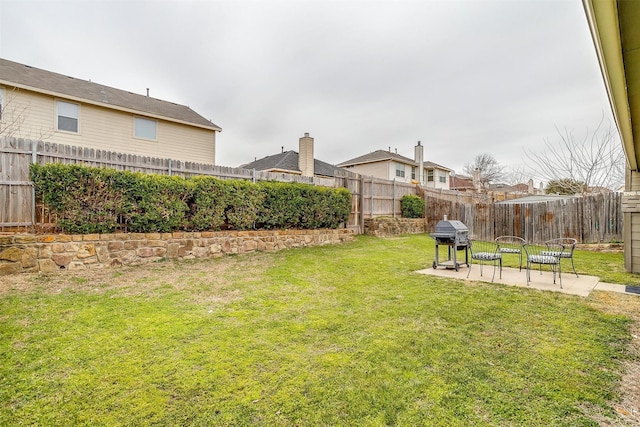 view of yard featuring a fenced backyard and a patio