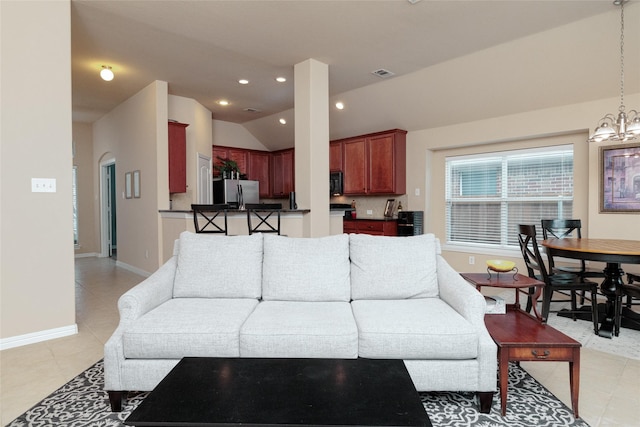 living room featuring light tile patterned floors, recessed lighting, visible vents, baseboards, and vaulted ceiling