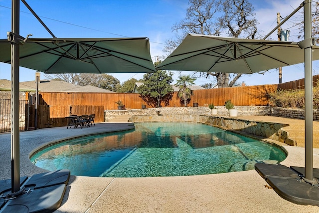 view of pool with a fenced backyard, a fenced in pool, and a patio