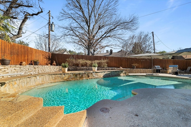 view of swimming pool with a fenced backyard, grilling area, a fenced in pool, and a patio