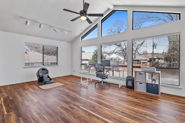 office with high vaulted ceiling, dark wood-style flooring, a ceiling fan, beamed ceiling, and track lighting