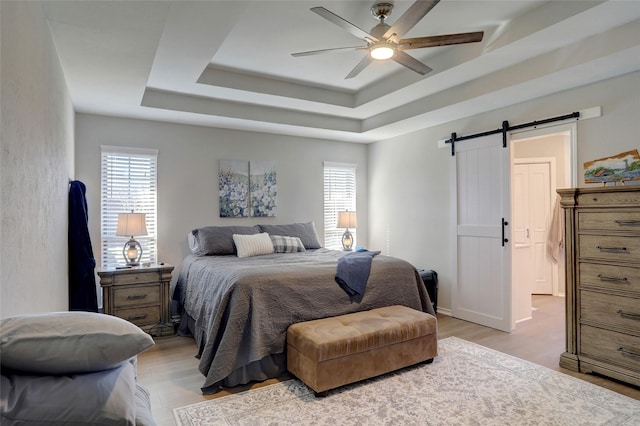 bedroom with a barn door, multiple windows, a tray ceiling, and light wood finished floors