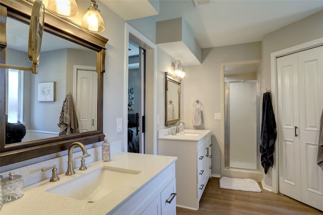 bathroom with a shower stall, two vanities, wood finished floors, and a sink