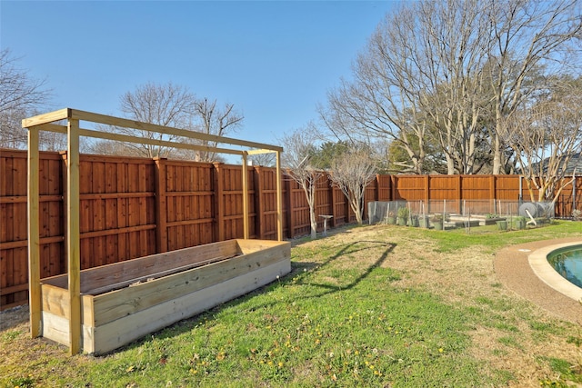 view of yard featuring a garden and a fenced backyard