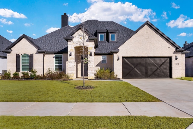 french country inspired facade featuring concrete driveway, brick siding, an attached garage, and a shingled roof