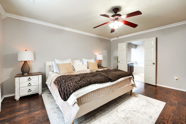 bedroom with baseboards, ornamental molding, dark wood finished floors, and a ceiling fan