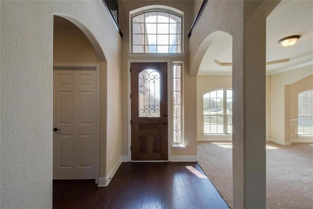 entryway with dark wood finished floors, crown molding, a towering ceiling, and baseboards