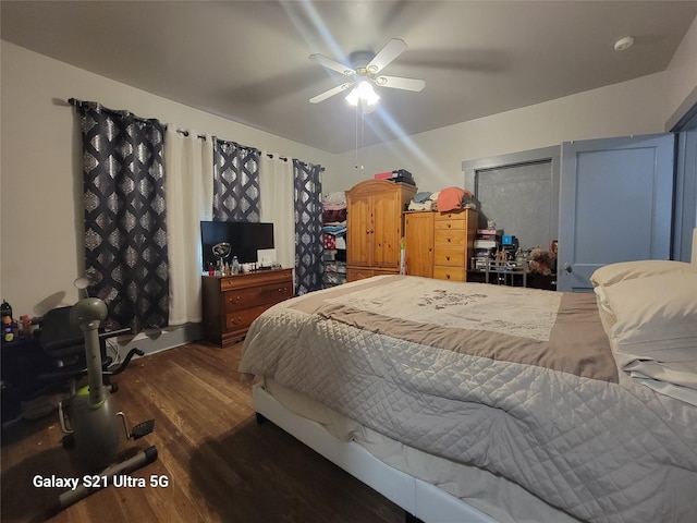 bedroom with a ceiling fan and wood finished floors