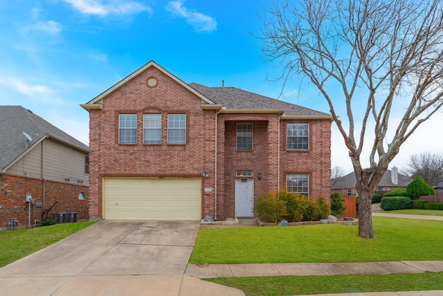 view of front of home with a garage, brick siding, concrete driveway, central air condition unit, and a front yard