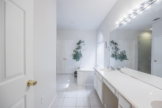 full bathroom featuring a sink, visible vents, a shower stall, and tile patterned flooring