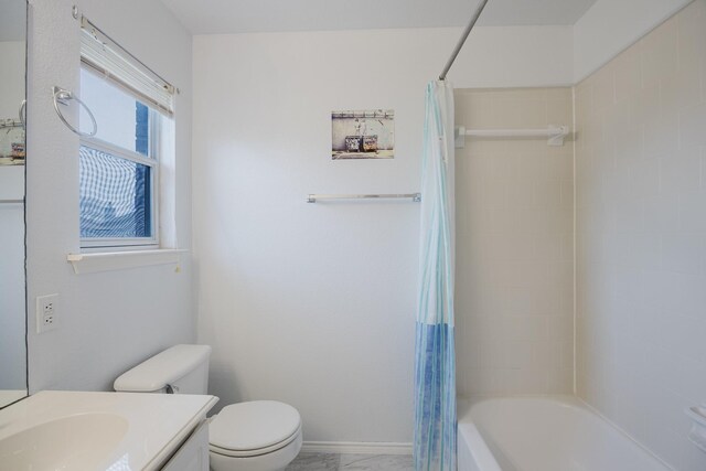 bathroom with vanity, baseboards, shower / bath combination with curtain, toilet, and marble finish floor