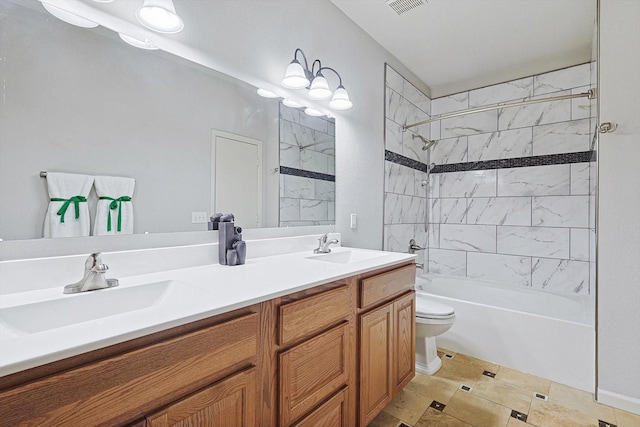 bathroom with shower / bathtub combination, double vanity, a sink, and toilet