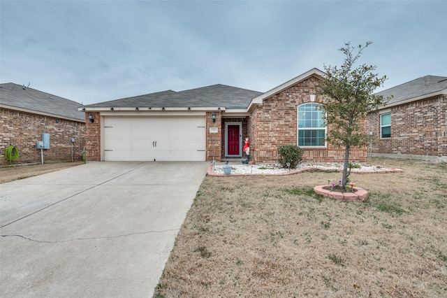 ranch-style house with driveway, brick siding, a front lawn, and an attached garage