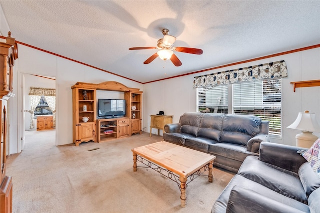 living room featuring lofted ceiling, ornamental molding, light carpet, and a wealth of natural light