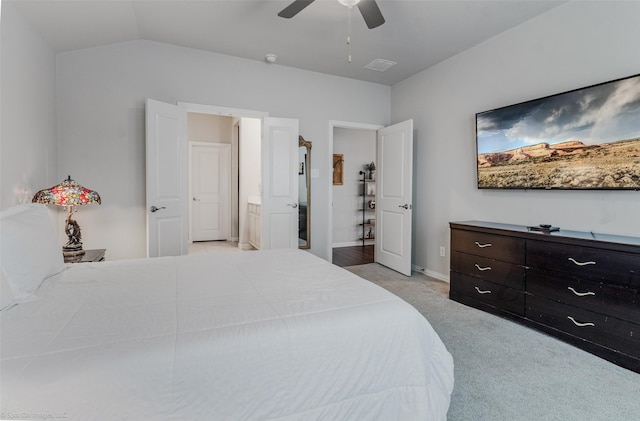 bedroom with baseboards, visible vents, a ceiling fan, light colored carpet, and lofted ceiling