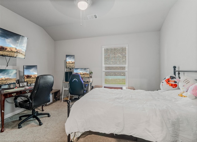 bedroom featuring lofted ceiling, carpet floors, ceiling fan, and visible vents