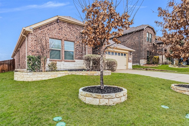 view of front of house featuring driveway, a garage, fence, a front lawn, and brick siding