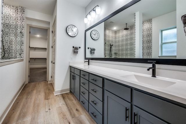 bathroom featuring wood finished floors, a sink, a spacious closet, a shower stall, and double vanity