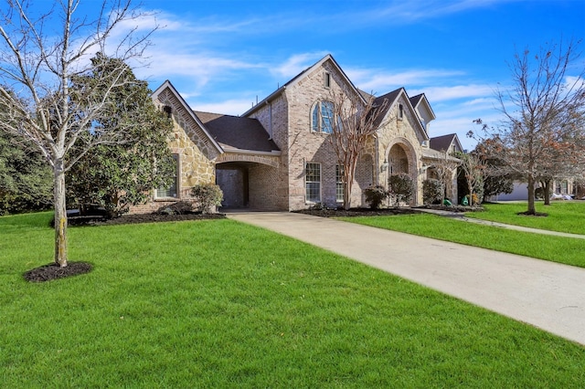 french country style house with stone siding, brick siding, driveway, and a front lawn