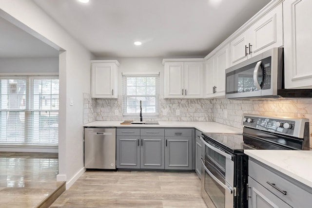 kitchen featuring a sink, white cabinets, appliances with stainless steel finishes, gray cabinets, and backsplash