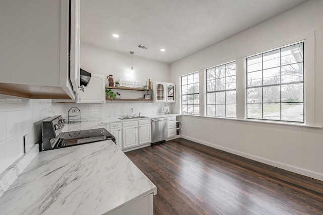 kitchen featuring open shelves, visible vents, stainless steel dishwasher, stove, and white cabinets