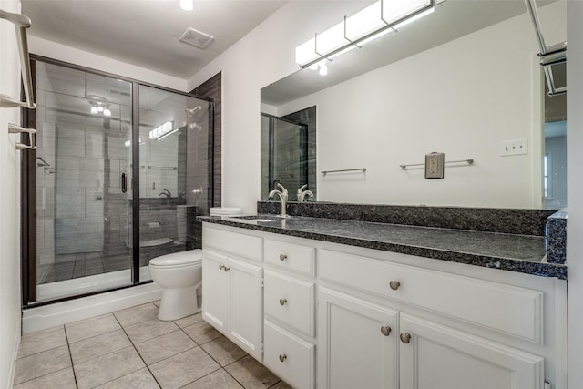 full bath featuring toilet, vanity, visible vents, tile patterned floors, and a stall shower