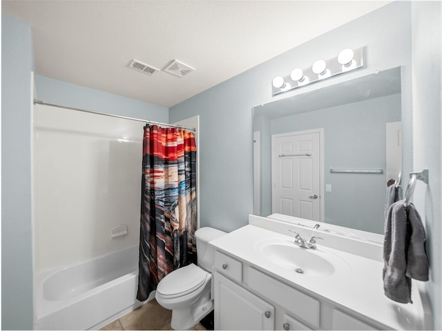 bathroom with visible vents, vanity, toilet, and shower / bath combo with shower curtain