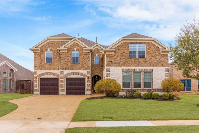 traditional-style home featuring a garage, a front lawn, concrete driveway, and brick siding