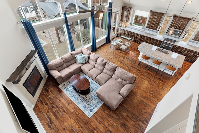 living area with a fireplace and wood finished floors