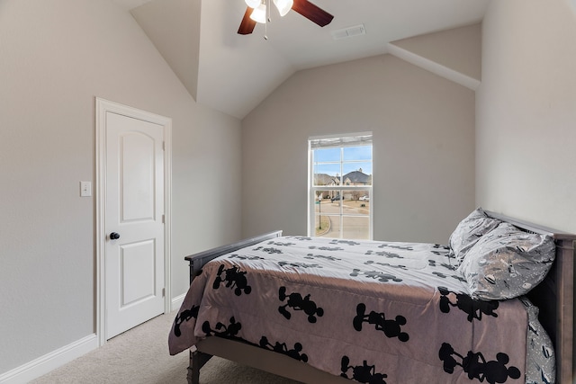 bedroom featuring carpet floors, lofted ceiling, visible vents, ceiling fan, and baseboards