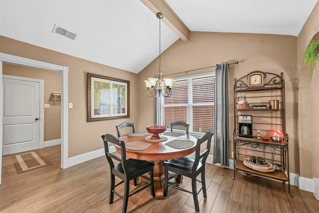 dining room featuring a notable chandelier, visible vents, lofted ceiling with beams, wood finished floors, and baseboards