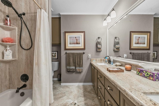 full bathroom with double vanity, toilet, ornamental molding, shower / bath combination with curtain, and a sink