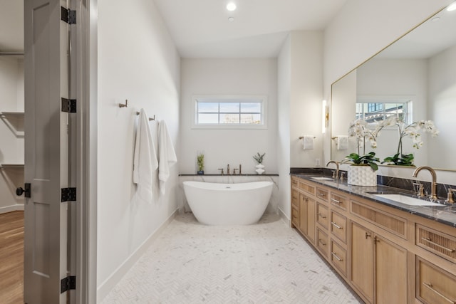 full bath with a freestanding tub, a healthy amount of sunlight, and a sink