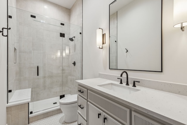 full bath featuring a stall shower, vanity, toilet, and tile patterned floors