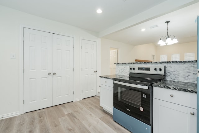 1345 Tawakoni Dr, West Tawakoni, TX 75474 - kitchen featuring dark stone counters, white cabinets, electric range, and decorative backsplash