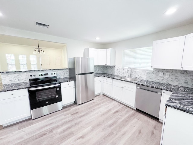 1345 Tawakoni Dr, West Tawakoni, TX 75474 - kitchen featuring dark stone countertops, decorative backsplash, stainless steel appliances, a sink, and visible vents
