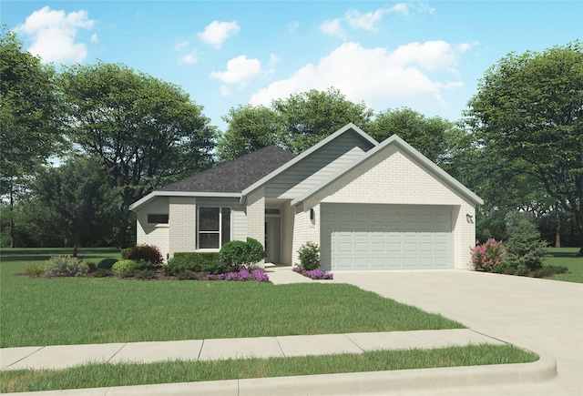 single story home with a garage, concrete driveway, brick siding, and a front lawn