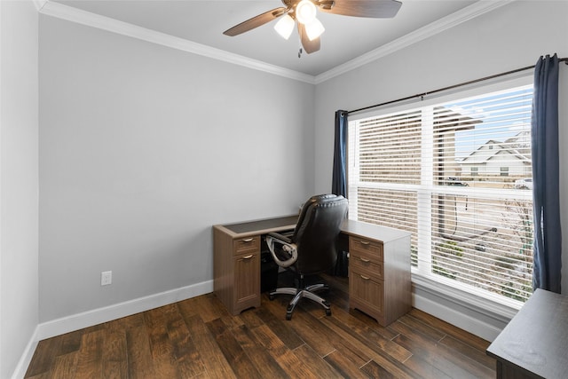 office featuring ornamental molding, dark wood finished floors, baseboards, and ceiling fan