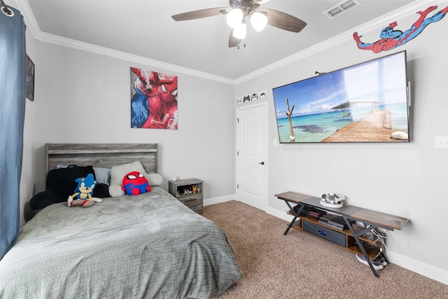 bedroom with baseboards, visible vents, a ceiling fan, carpet, and crown molding