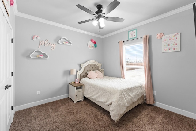 bedroom with baseboards, ornamental molding, and dark colored carpet